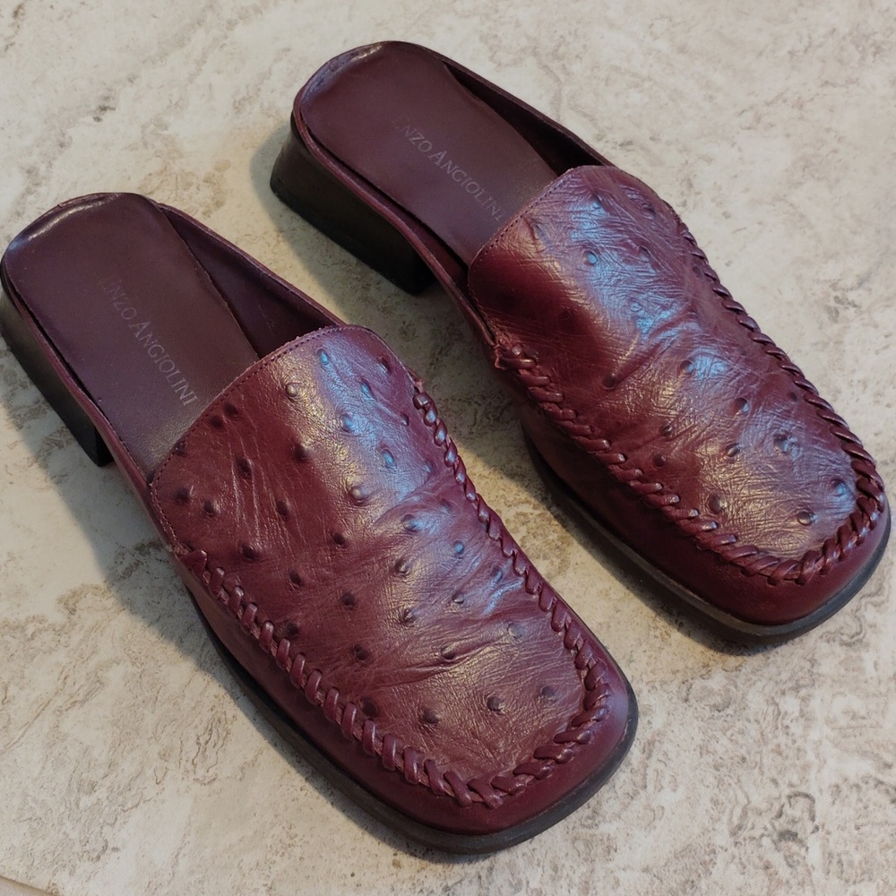 Enzo Angiolini Burgundy Leather Slip On Mules Loafers